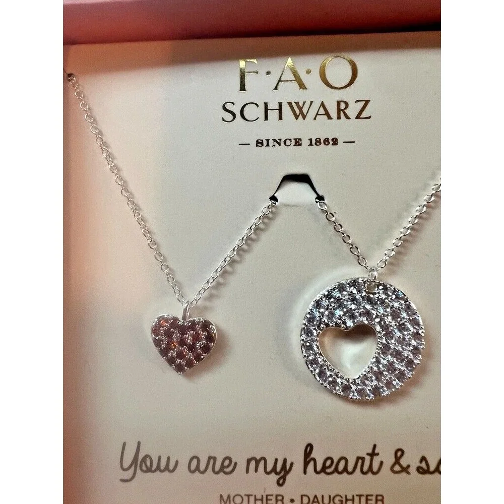FAO‎ Schwarz Mother Daughter Heart & Soul Necklace Set Fine Silver Plate CZ New
